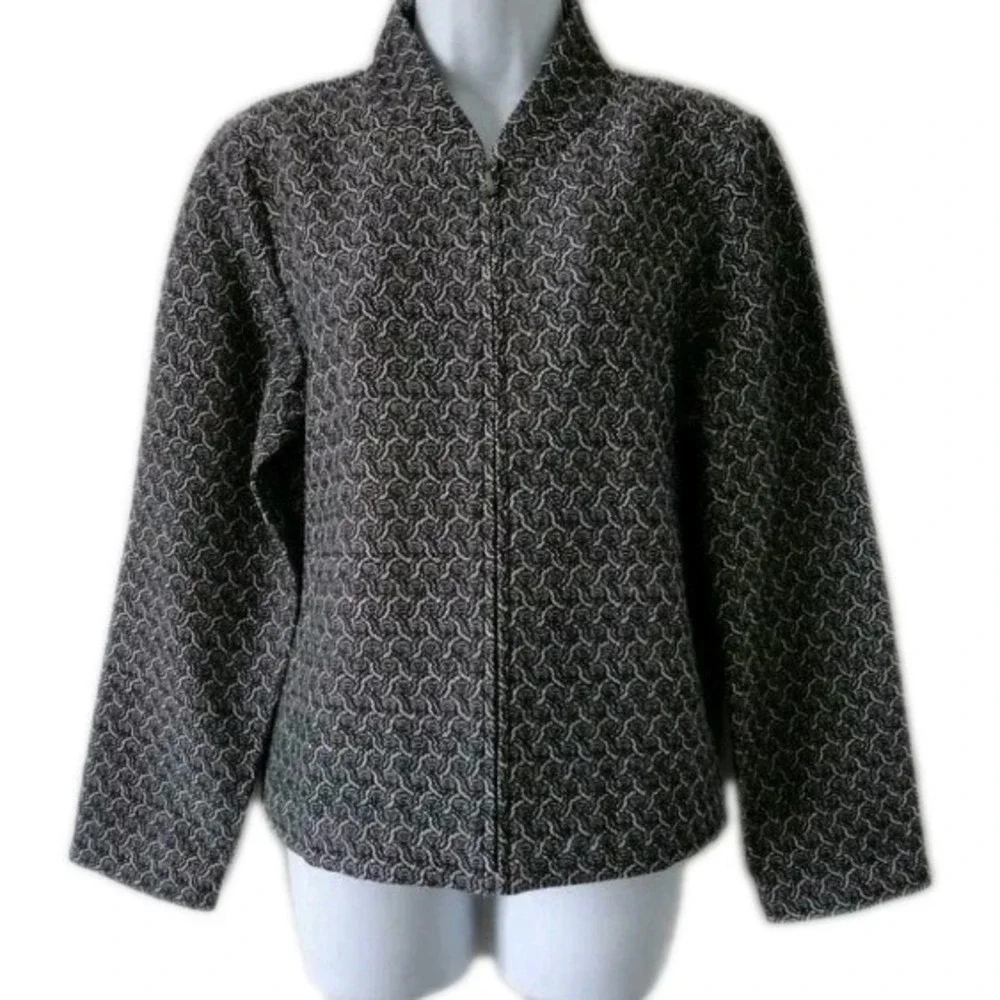 Eileen‎ Fisher Black  White cotton jacket Jacquard Full Zip Jacket Petite Small